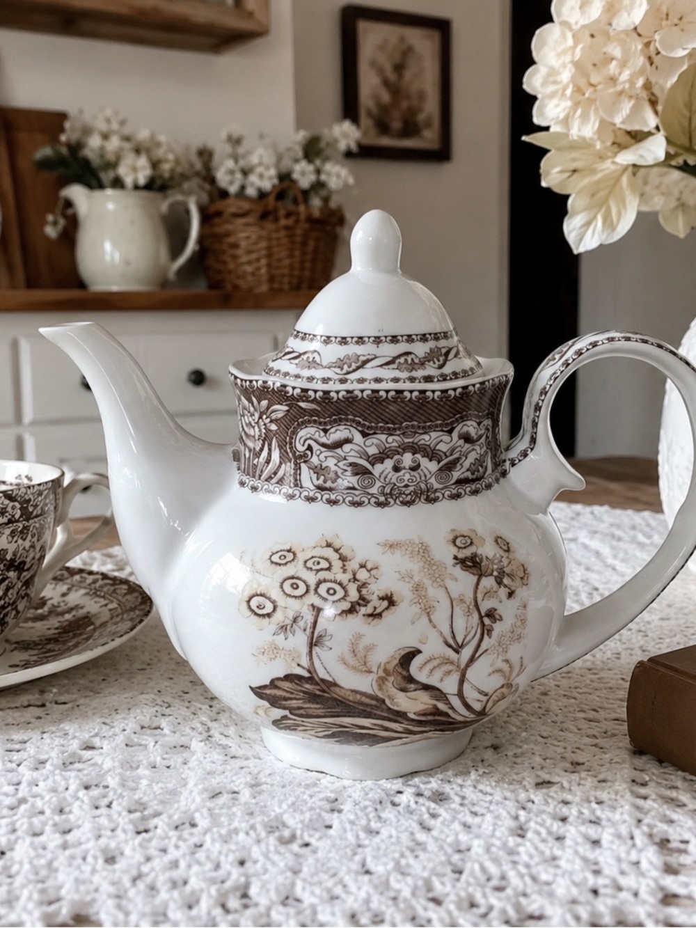 Godinger White Porcelain Teapot with Brown Floral and Silver Trim